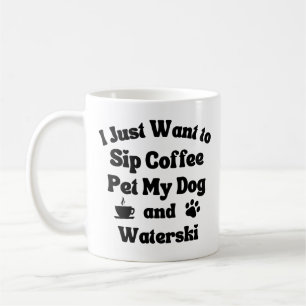 Sip Kaffee, Haustier meinen Hund und Wasserski. Kaffeetasse