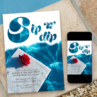 Sip n Dip Pool Party Groovy Typografy Summer Einladung