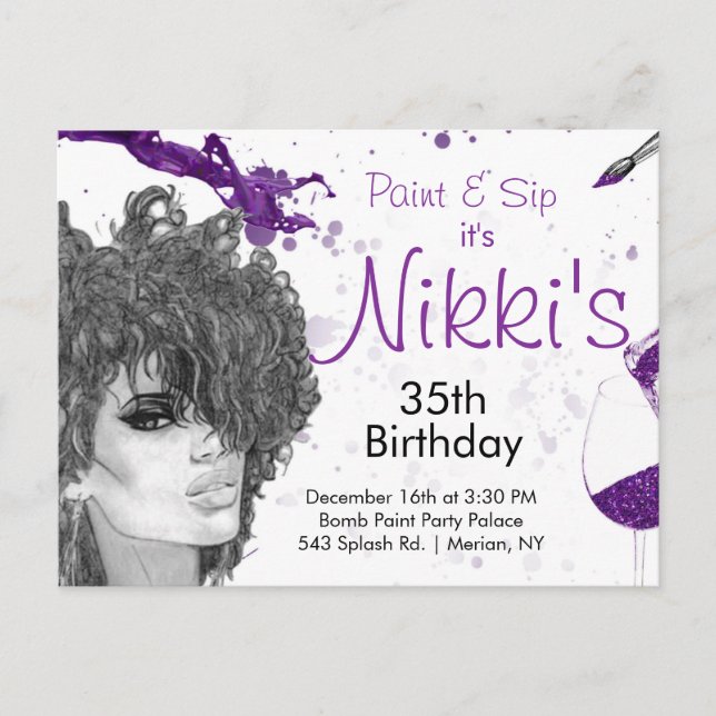 Sip & Paint Birthday Invite Einladungspostkarte (Vorderseite)