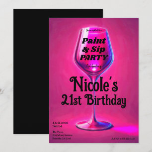 Sip & Paint Rosa Weinglas 21. Geburtstagsfeier Einladung