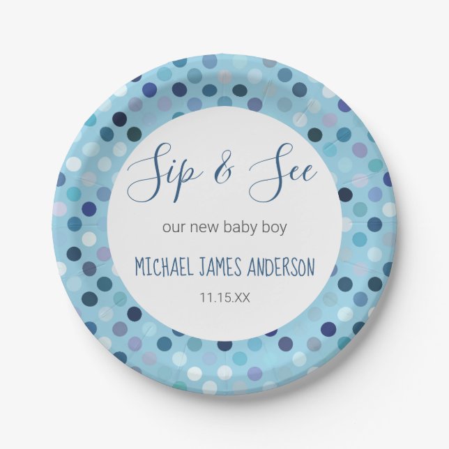 Sip & See Baby Boy Dusche Blue Polka Dots Pappteller (Vorderseite)