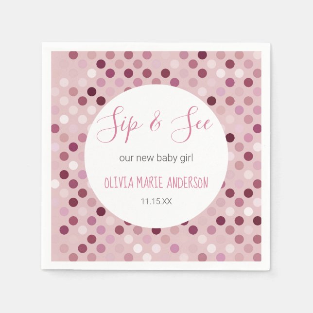 Sip & See Baby Girl Dusche Pink Polka Dots Serviette (Vorderseite)