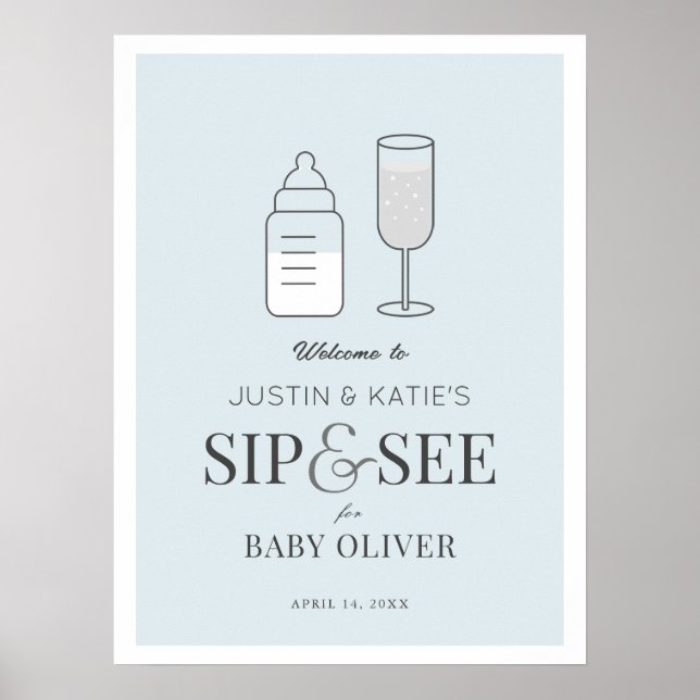 Sip & See Champagne Blue Baby Dusche Willkommen Poster (Vorne)