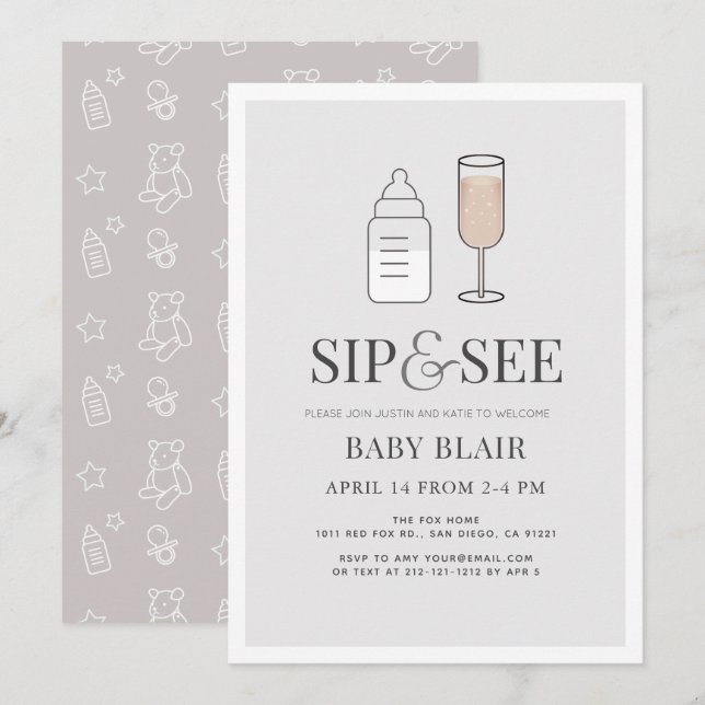 Sip & See Champagne Flasche Grau Baby Dusche Einladung (Vorne/Hinten)