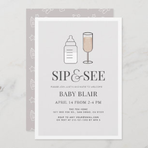 Sip & See Champagne Flasche Grau Baby Dusche Einladung