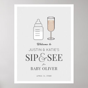 Sip & See Champagne Gray Baby Dusche Willkommen Poster