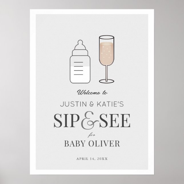 Sip & See Champagne Gray Baby Dusche Willkommen Poster (Vorne)