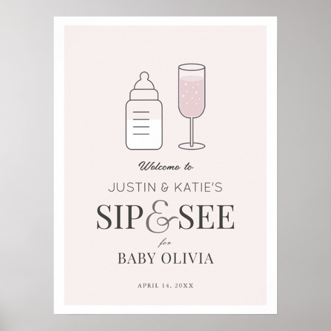 Sip & See Champagne Pink Baby Dusche Willkommen Poster (Vorne)