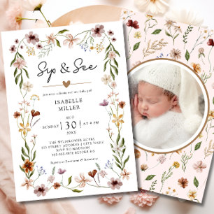 Sip & See Elegante Wildblume Pink Baby Girl Einladung