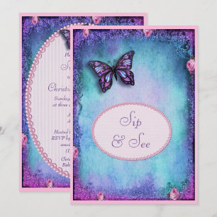 Sip & See Faux Glitter, Schmetterling, Rosen, Spit Einladung