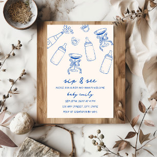 Sip & See Hand Illustriert Blue Baby Boy Einladung