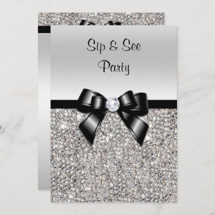 Sip & See Party Silver Sequins Schwarze Bow Einladung
