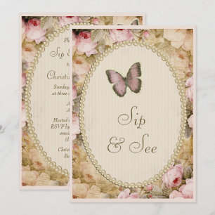 Sip & See Vintag Pearls Lace Rose Schmetterling Einladung