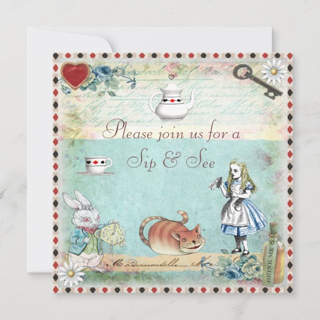 Sip & See Vintage Alice im Wunderland Babydusche Einladung (Vorderseite)