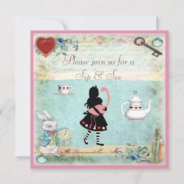 Sip & See Vintage Alice im Wunderland Babydusche Einladung (Vorderseite)