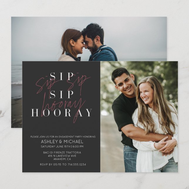 Sip Sip Hooray Black 2 Foto Engagement Party Einladung (Vorne/Hinten)