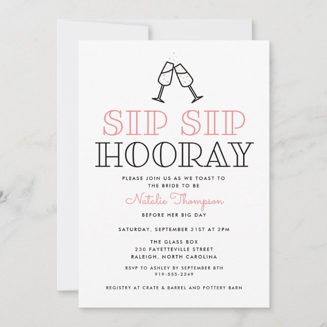 Sip Sip Hooray Champagne Toast Brautparty Einladung (Vorderseite)