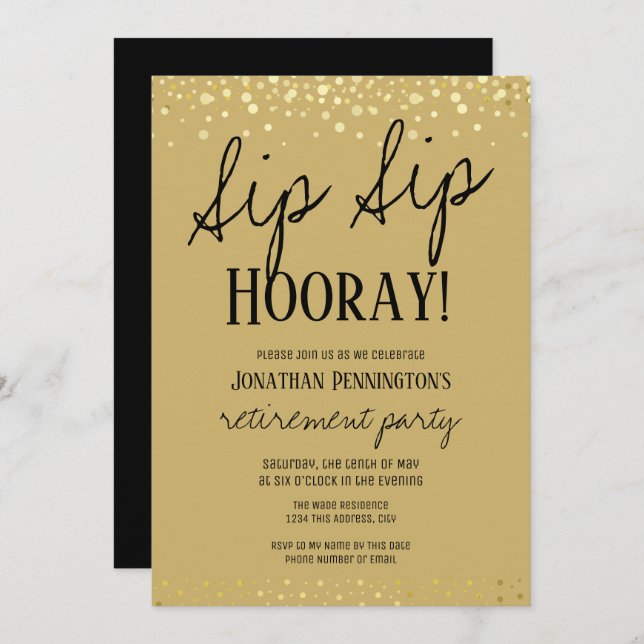 Sip Sip Hooray Elegantes Party für Goldene Rente Einladung (Vorne/Hinten)