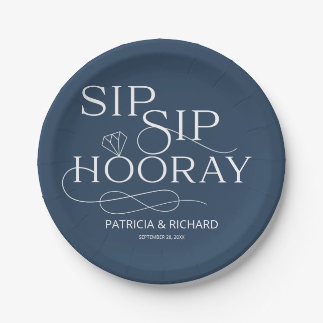 Sip Sip Hooray Engagement Party Blau Pappteller (Vorderseite)