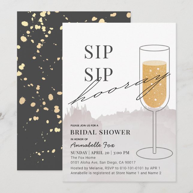 Sip Sip Hooray Gold Champagne Grau Brautparty Einladung (Vorne/Hinten)
