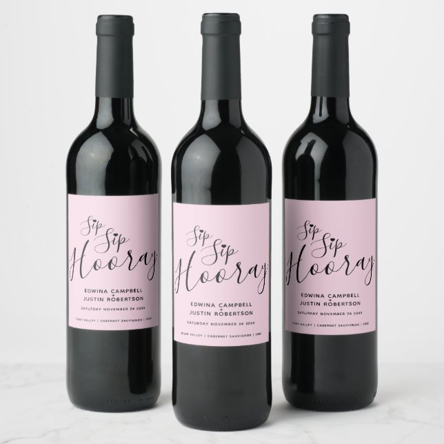Sip Sip Hooray Hochzeit Rosa Schwarzes Herz Weinsi Weinetikett (Flaschen)