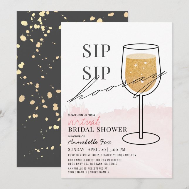 Sip Sip Hooray Wine Glass Virtual Brautparty Einladung (Vorne/Hinten)