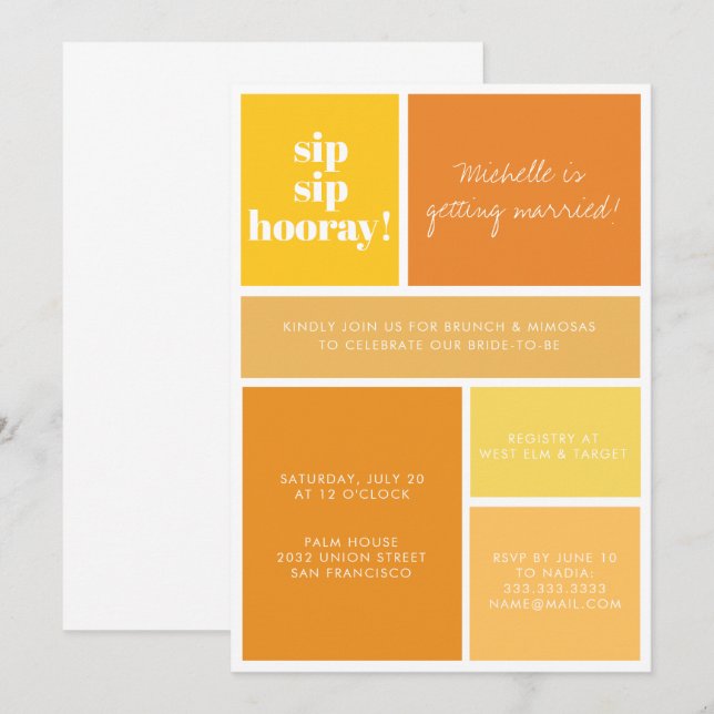Sip Sip Hooray Yellow Orange Bridal Brunch Dusche Einladung (Vorne/Hinten)