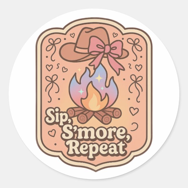 Sip, S'more, Repeat - Retro Camp Badge Runder Aufkleber (Vorderseite)