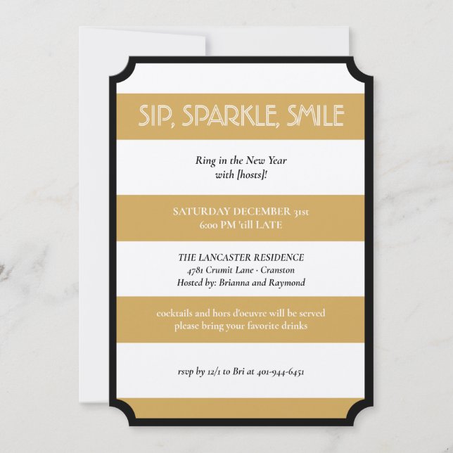 Sip Sparkle Smile Gold Black Modern New Year Party Einladung (Vorderseite)