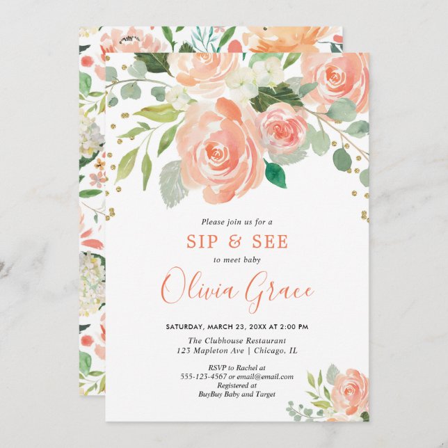 Sip und sehen florale Aquarellfarben Grün Mädchen  Einladung (Vorne/Hinten)