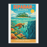 Sipadan Island, Malaysia, in a vibrant Postkarte<br><div class="desc">Travel poster featuring Sipadan Island, Malaysia, in a vibrant tropical retro style. Crystal-clear turquoise waters with coral reefs visible beneath the surface, sea turtles, schools of colorful fish, and dramatic underwater drop-offs. Small palm-covered island silhouette above the waterline under a bright blue sky. Tropical retro color palette: aqua blue, teal,...</div>