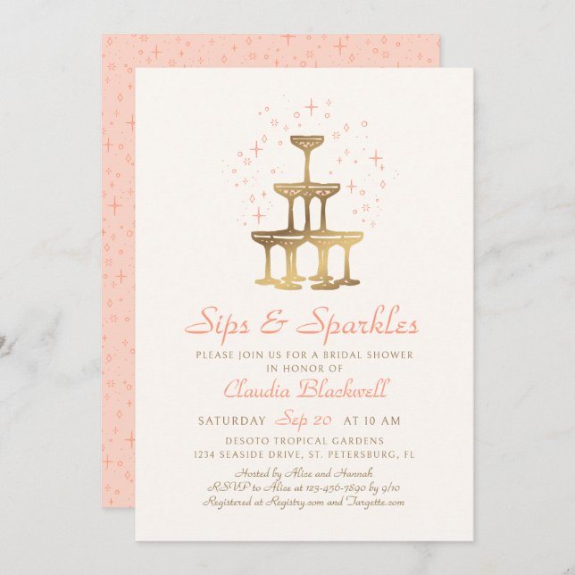 Sips Glitzern Champagne Bridal Dusche Einladung (Vorne/Hinten)