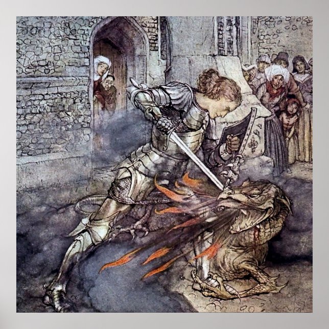 "Sir Lancelot Slays the Dragon" von Arthur Rackham Poster (Vorne)