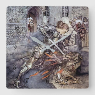 "Sir Lancelot Slays the Dragon" von Arthur Rackham Quadratische Wanduhr
