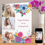 Sister 3 Foto Bright Wassercolor Floral Geburtstag Karte<br><div class="desc">Helle BlumenGeburtstagskarte personalisiert mit 3 Ihrer Lieblings-Fotos. Der Text auf der Vorderseite ist vollständig editierbar und lautet derzeit "Glücklich Geburtstag zu meinem Phantastischen Schwester". Sie können die Nachricht auch im Inneren anpassen, wenn Sie möchten. Die Fotovorlage ist für Sie Set, um Ihre Bilder hinzuzufügen, die in Instagram / quadratischem Format...</div>