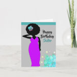 Sister African American Happy Birthday Card Karte<br><div class="desc">Diese coole Geburtstagskarte zeigt eine afroamerikanische Frau mit einem lila Kleid und einem großen Afro. Holen Sie sich diese Karte mit viel Persönlichkeit für Ihre Schwester für die Geburtstagskarte.</div>