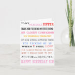 Sister Birthday Card Liebe Bester Freund Karte<br><div class="desc">an meine unglaubliche Schwester danke Ihnen, dass Sie meine erste Freundin sind, meine nächste Begleiterin, meine persönliche Therapeutin, während ich mich in einer schwierigen Zeit, in der ich fühle, dass Liebe mich immer zum Lachen bringen wird, wenn ich wirklich zum Weinen wollte und einfach nur, dass ich Sie zum Geburtstag...</div>