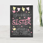 Sister Birthday Chalkboard mit kleinen Vögeln Karte<br><div class="desc">Eine moderne Chalkboard Design Geburtstagskarte für Ihre wunderbare Schwester,  lustig niedlich und stilvoll,  wird sicher ein Lächeln bringen,  es enthält ein schönes Vers,  das Sie ändern können,  wenn Sie möchten.</div>