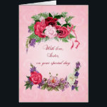 Sister Birthday Gorgeous Rose<br><div class="desc">Diese Geburtstagskarte für eine Schwester hat schöne Rose in voller Blüte. Der rosa Hintergrund hat blass rosa Rosen,  die durch das Bild hindurch zeigen. Eine wunderschöne,  traditionelle Geburtstagskarte,  die wirklich Freude bereiten wird.</div>