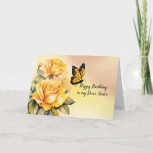 Sister Birthday Yellow Roses Monarch Butterfly Karte