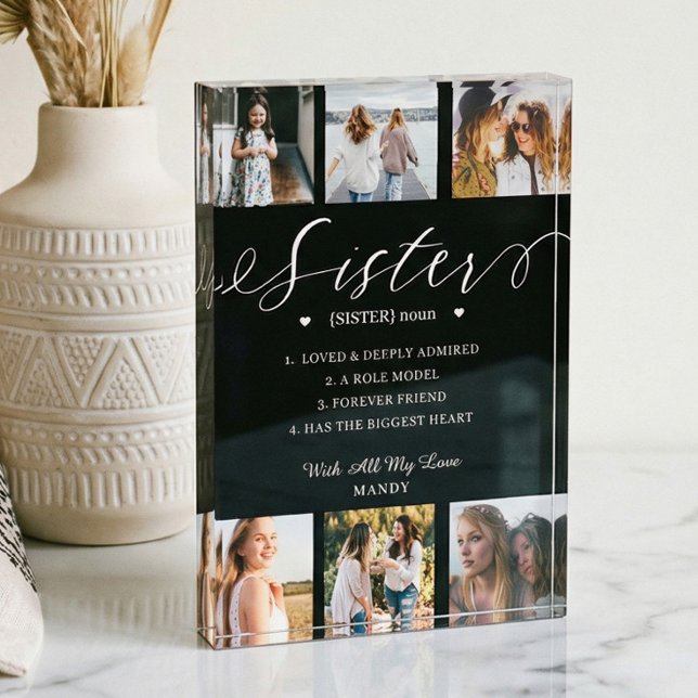 Sister Dictionary Definition Foto Collage Black (Gift for Sister Definition Collage Memory Keepsake Photo Block)