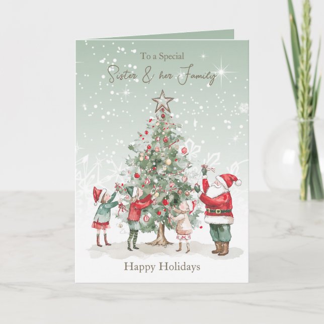 Sister Family Christmas Tree Santa Feiertagskarte (Vorderseite)