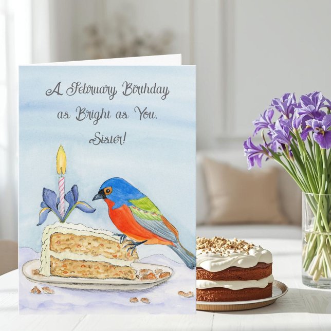 Sister Happy February Birthday Painted Bunting Karte (Von Creator hochgeladen)