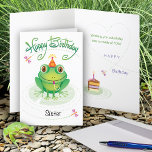 Sister Niedliche Geburtstag Frog Karte<br><div class="desc">Lassen Sie Ihre Amphibienhaltung mit diesem Frosch auf einem Lilienpolster laufen,  der vor ihm eine Scheibe Geburtstagskuchen anstarrt. Schickt das an eure Schwester,  die Lieben Frösche und wünscht ihnen Spaß!</div>