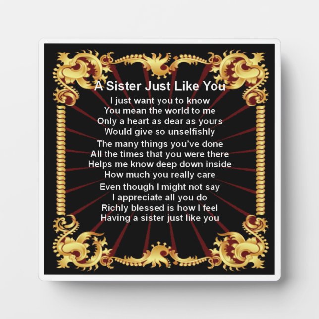 Sister Poem Plaque - Schwarzes Design Fotoplatte (Vorderseite)