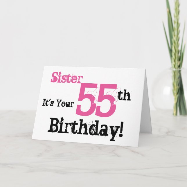 Sisters 55. Geburtstag grüßt in schwarz, rosa. Karte (Vorderseite)