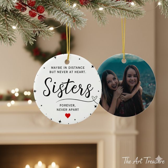 Sisters Connected At Heart Photo Keepsake White Keramik Ornament (Von Creator hochgeladen)