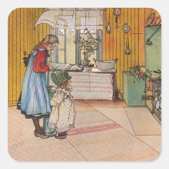 Sisters - Koket av Carl Larsson Quadratischer Aufkleber (Vorderseite)
