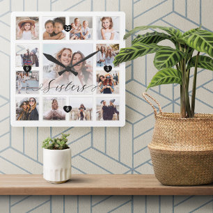 Sisters Script Family Memory Foto Grid Collage Quadratische Wanduhr