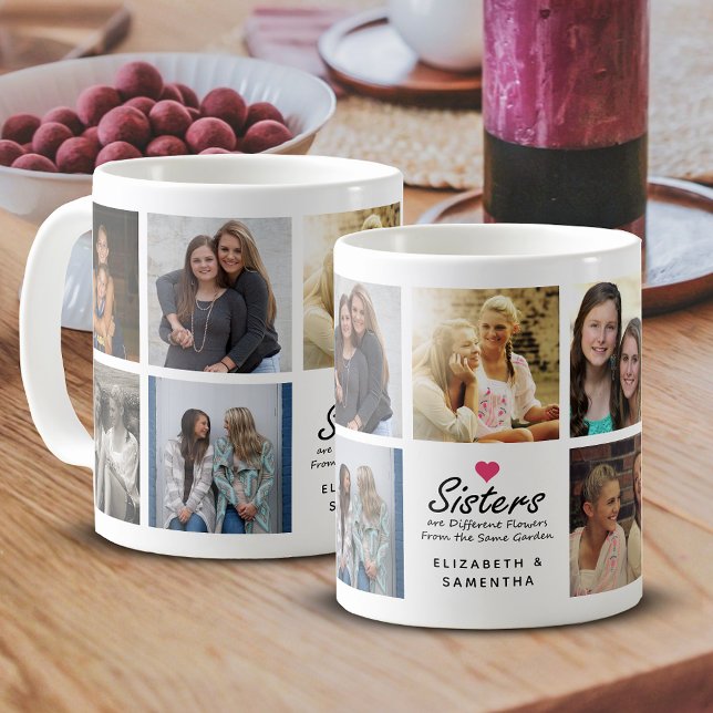 Sisters Script Quote Hot Pink Heart Foto Collage Kaffeetasse (Von Creator hochgeladen)